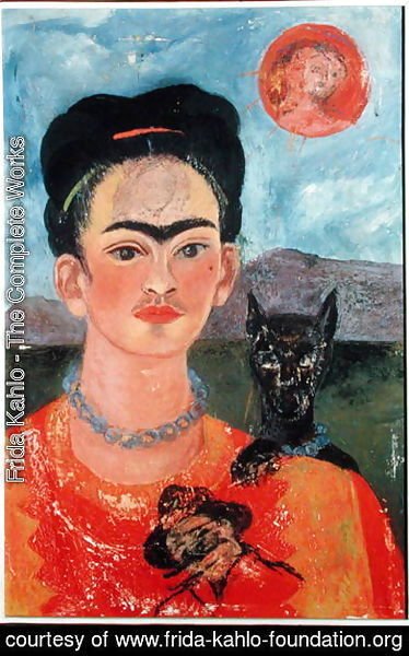 Frida Kahlo Self Portrait with Itxcuintli Dog and Sun Painting Reproduction  